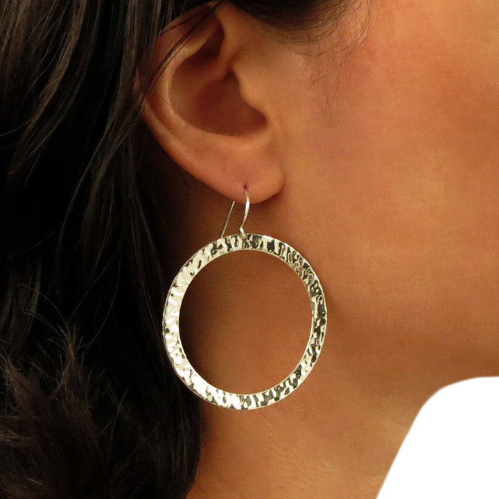 Large 925 Sterling Silver Circle Hammered Hoop Earrings