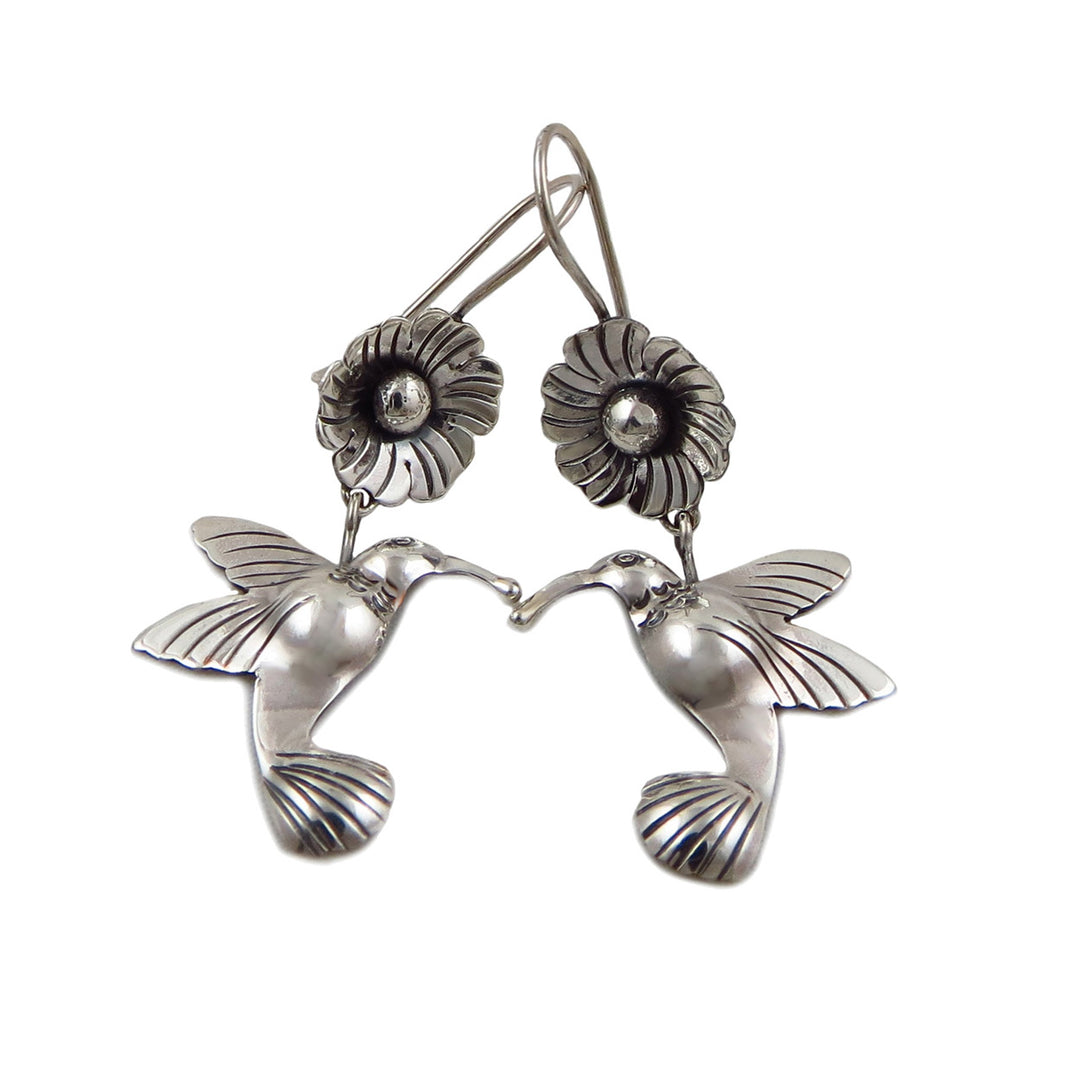 Handmade Hummingbird and Flower Taxco 925 Sterling Silver Earrings