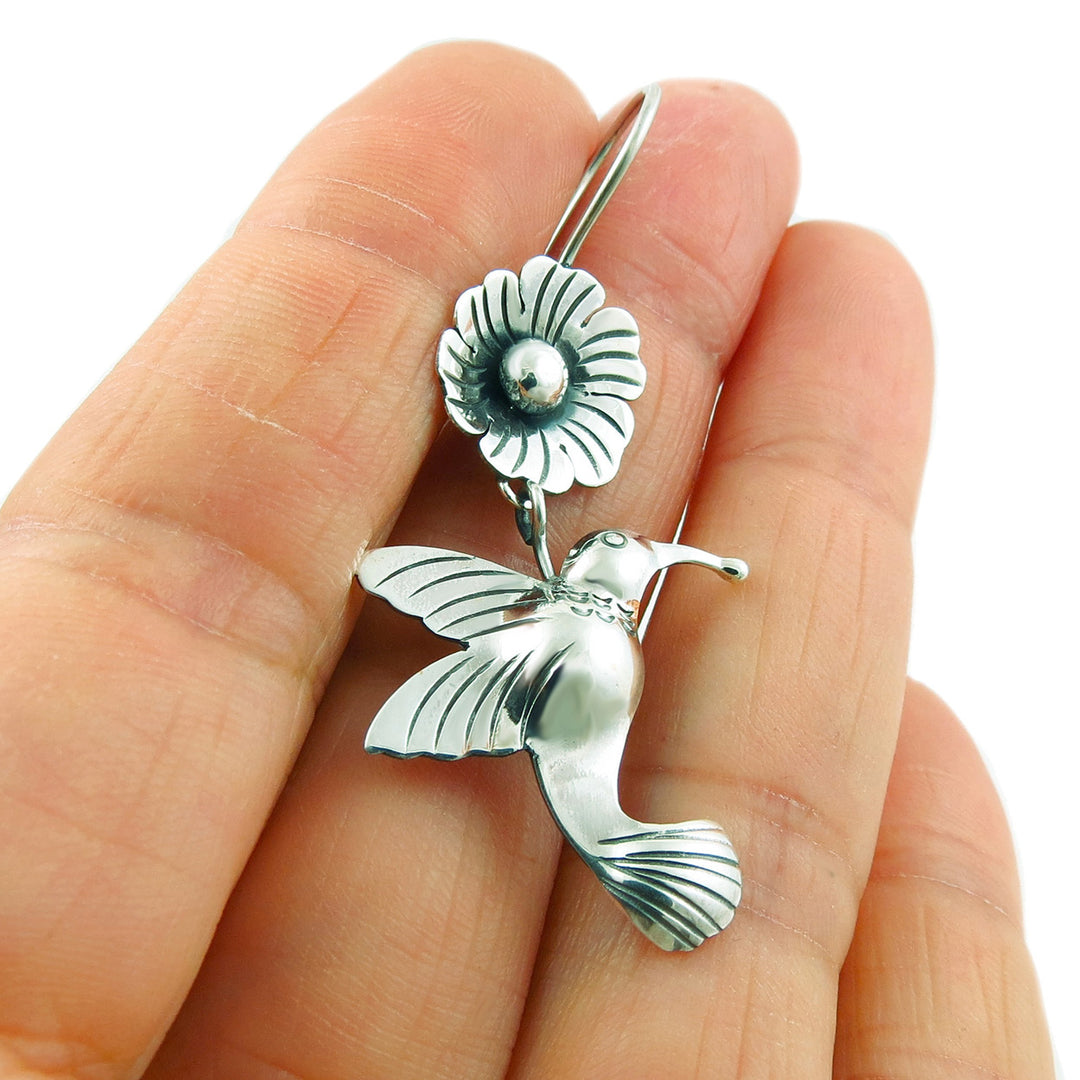 Handmade Hummingbird and Flower Taxco 925 Sterling Silver Earrings
