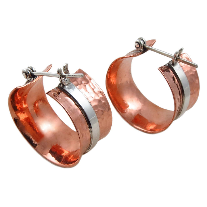 Wide 925 Silver and Hammered Copper Hoop Earrings