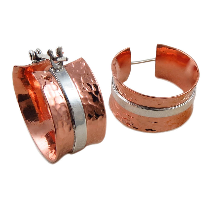 Wide 925 Silver and Hammered Copper Hoop Earrings