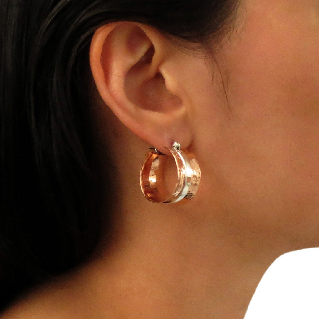 Wide 925 Silver and Hammered Copper Hoop Earrings