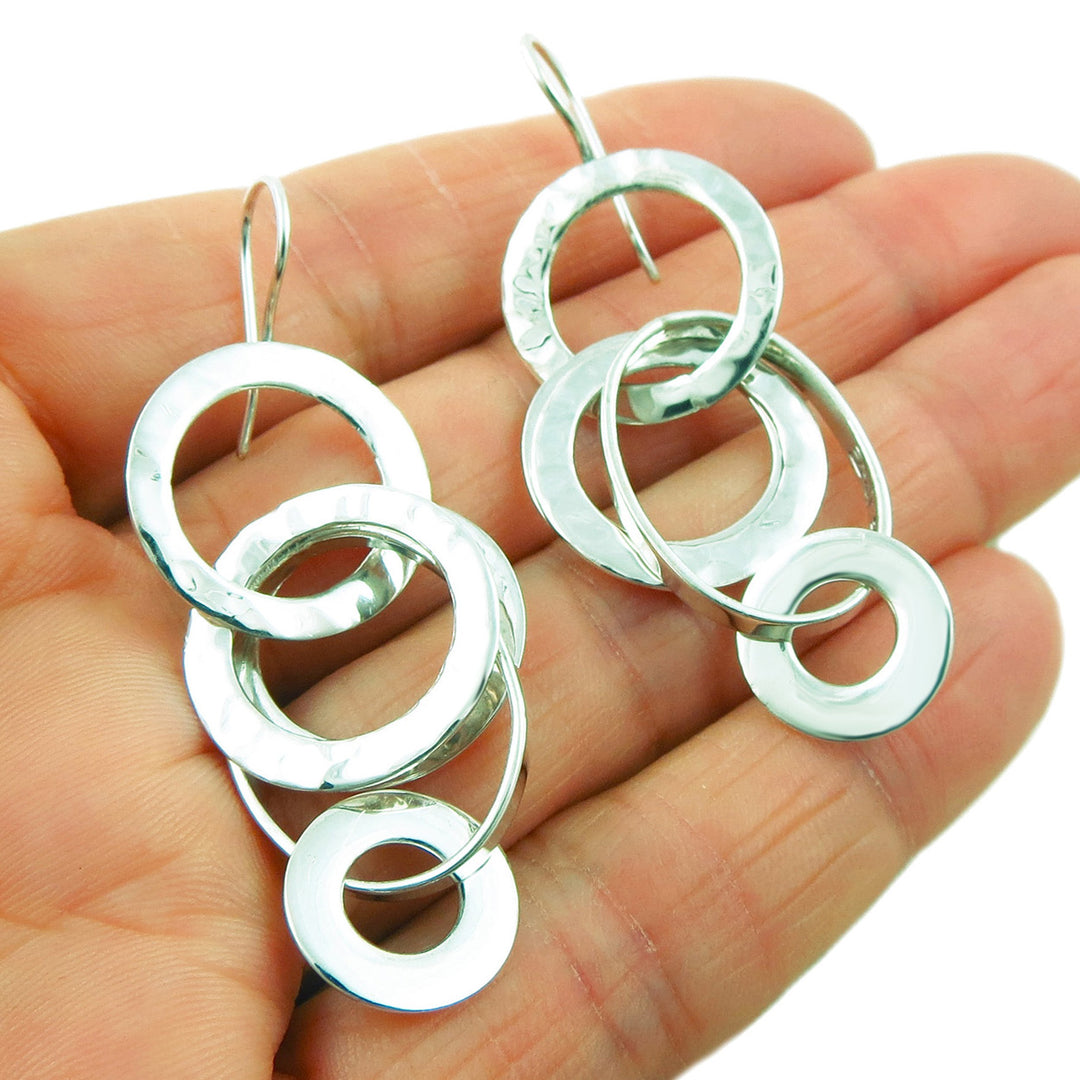 Long 925 Sterling Silver Designer Multi Circle Drop Earrings