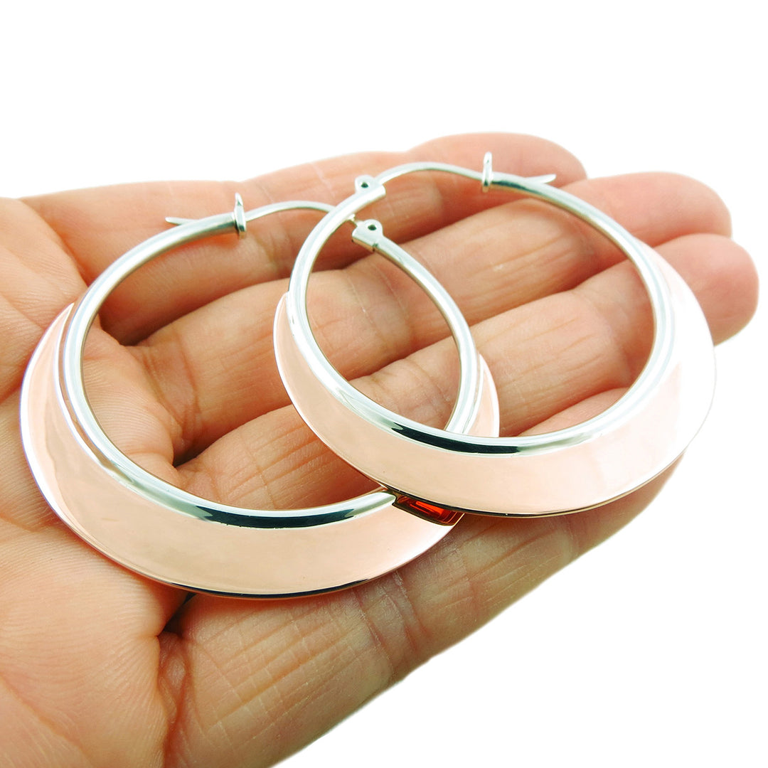 Large Silver and Polished Copper Creole Hoops Earrings