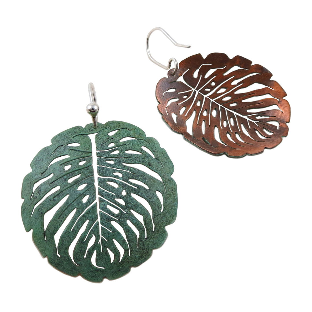 Large Handmade Solid Copper and 925 Silver Leaf Design Earrings