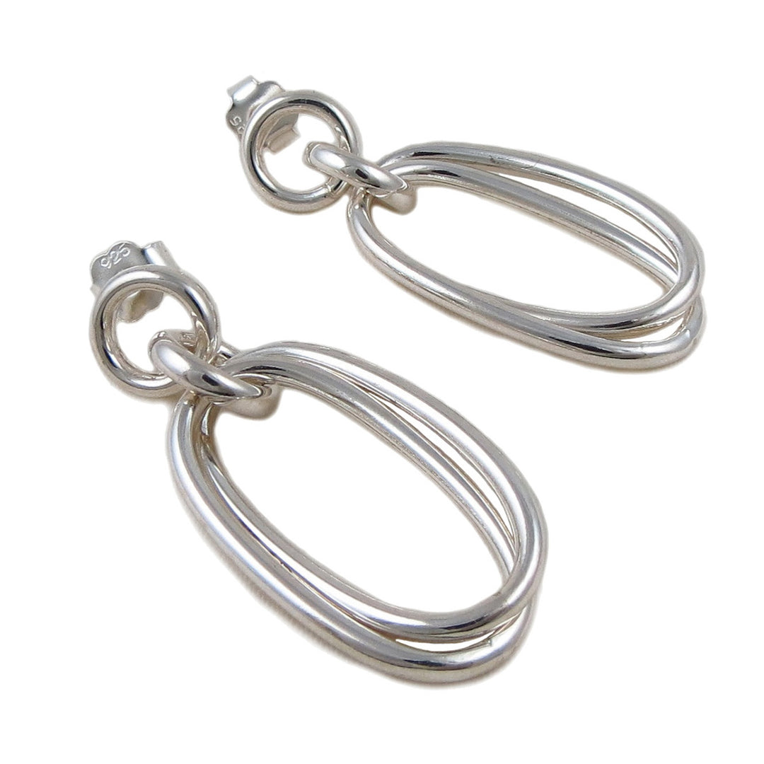 Long 925 Silver Double Oval Drop Hoop Earrings Gift Boxed