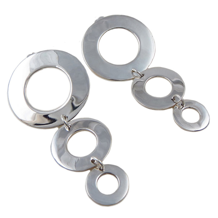 Long Triple Circle Solid 925 Sterling Silver Taxco Handmade Drop Earrings
