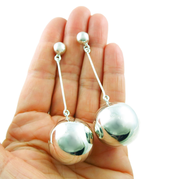 Long Ball and Stick 925 Sterling Silver Heavy Dangle Earrings