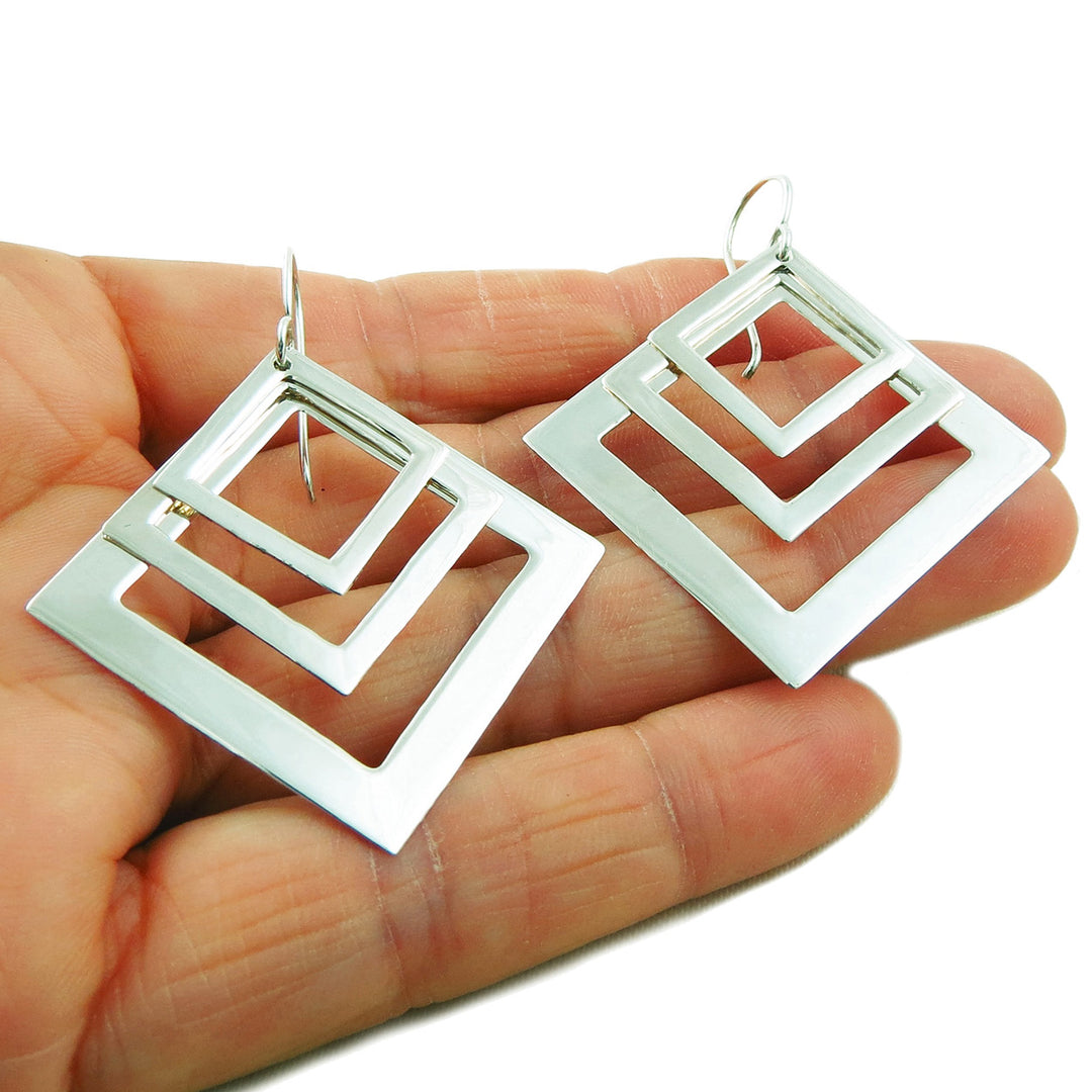 Handmade 925 Silver Geometric Square Drop Earrings for Women