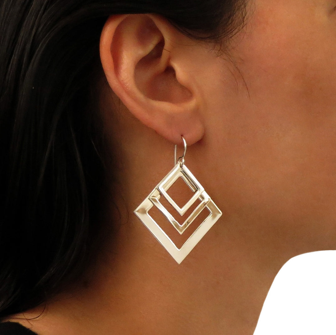 Handmade 925 Silver Geometric Square Drop Earrings for Women