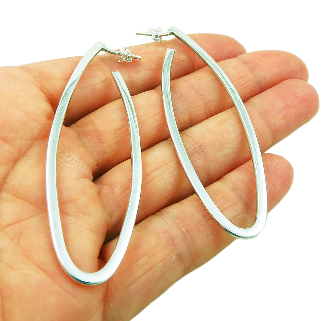 Stylish Long Sterling Silver Oval Hoop Earrings