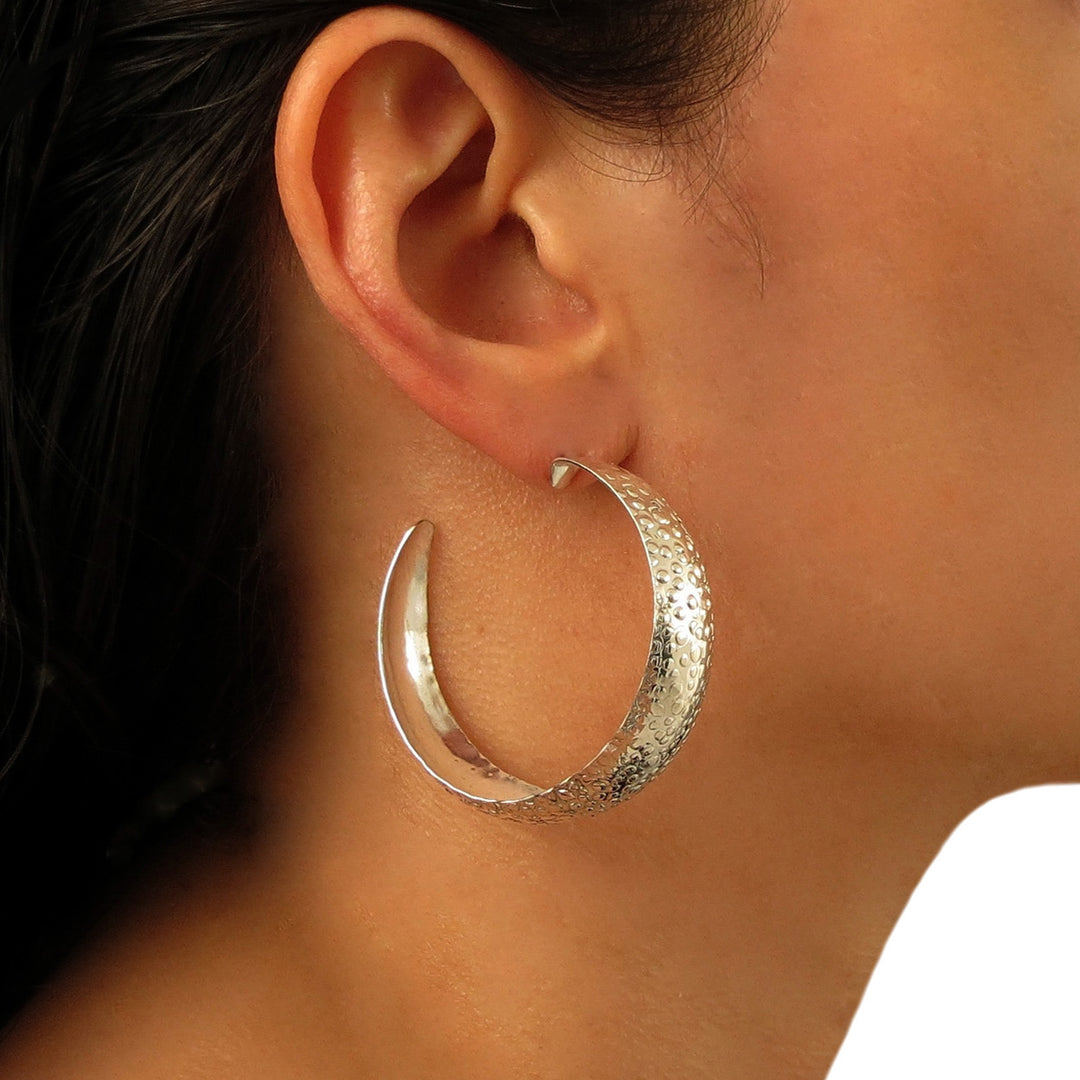 Large 925 Sterling Silver Textured Hoop Circle Earrings