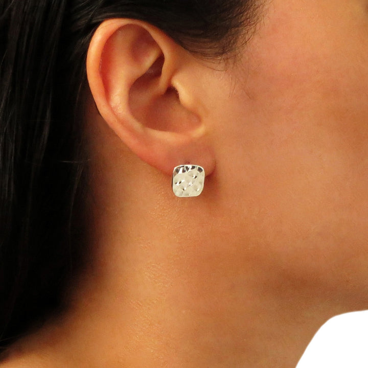 Square 925 Sterling Silver Hammered Stud Earrings