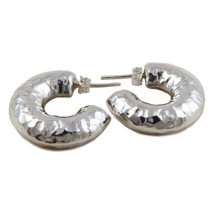 Wide 925 Sterling Silver Chunky Hammered Hoop Earrings