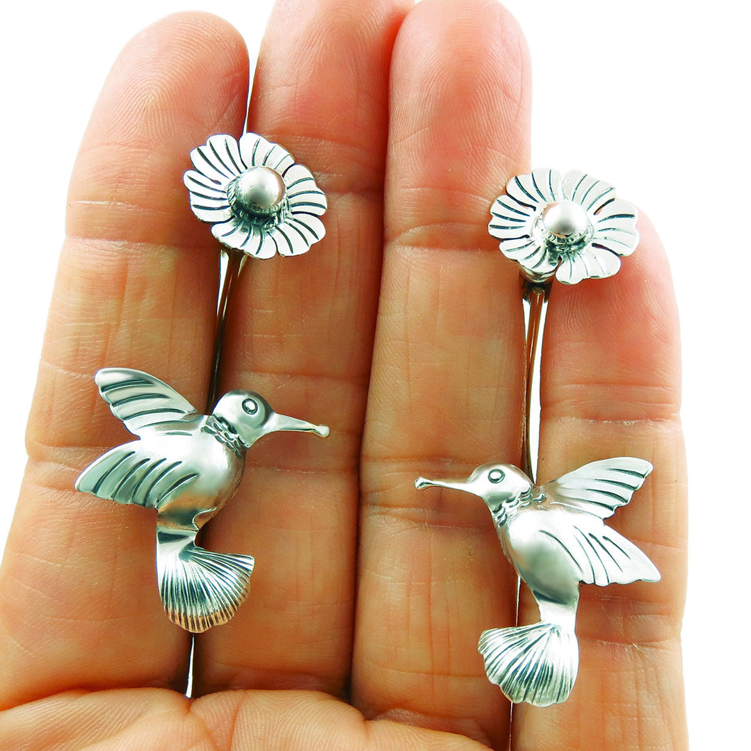 Long 925 Sterling Silver Hummingbird and Flower Drop Earrings