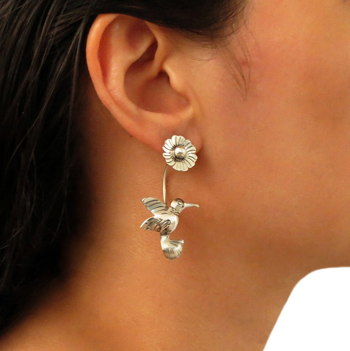 Long 925 Sterling Silver Hummingbird and Flower Drop Earrings