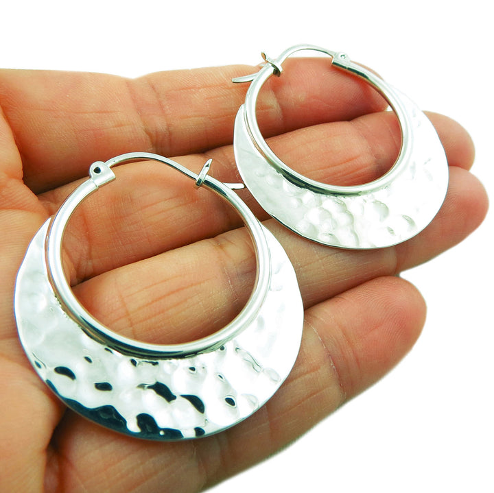 Creole Hoops 925 Sterling Silver Hammered Circle Earrings