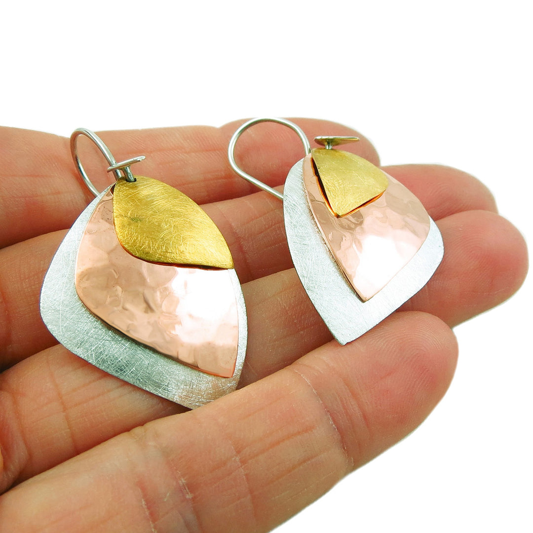 Copper, 925 Silver and Gold Guillermo Arregui Taxco Triple Drop Earrings