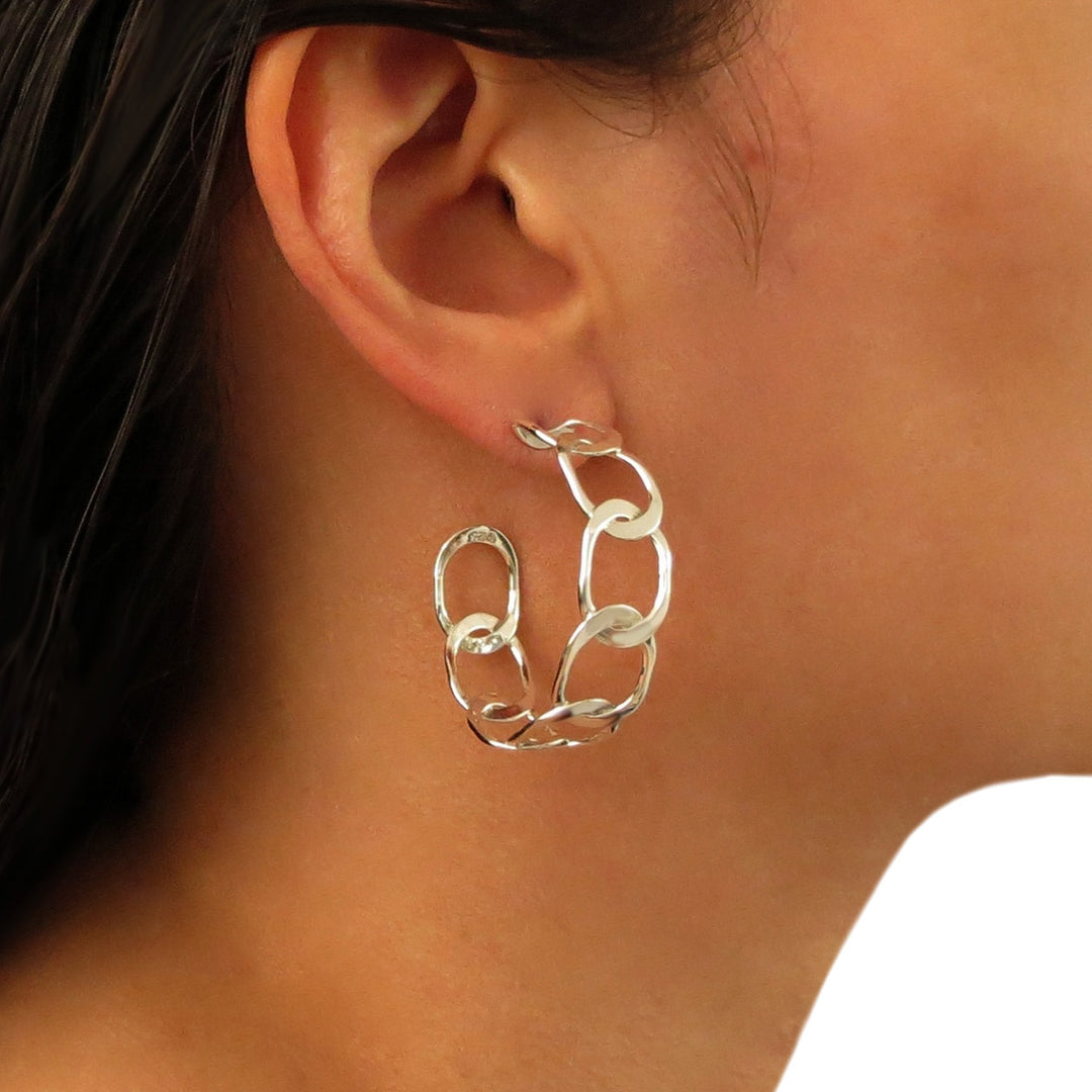 Wide Curb Chain 925 Silver Circle Hoop Earrings