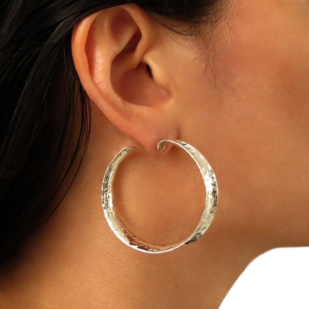 Large 925 Sterling Silver Hammered Hoop Earrings