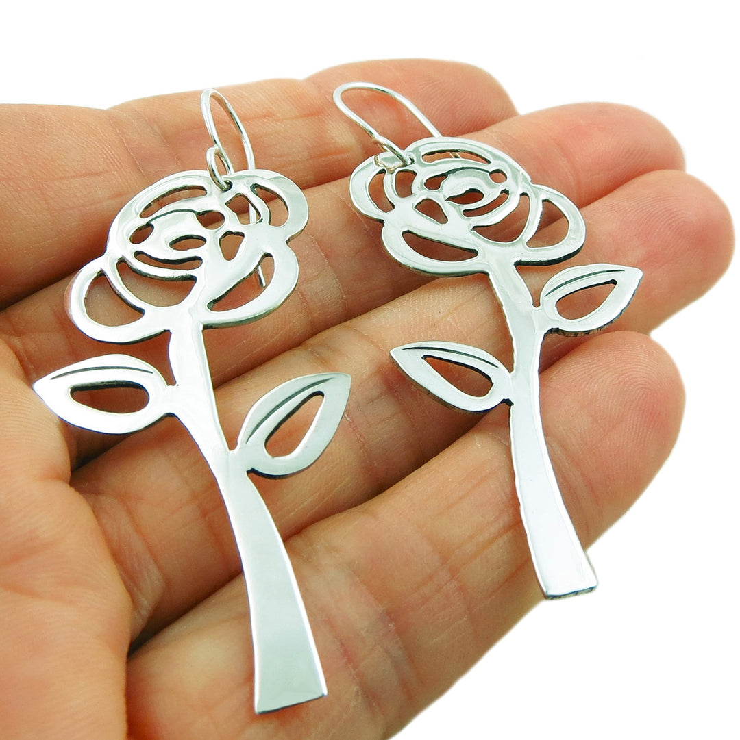 Long Sterling Silver Rose Flower Dangle Earrings