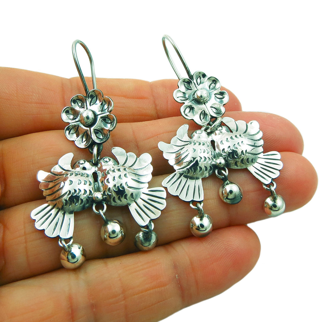 Lovebirds 925 Sterling Taxco Silver Bird and Flower Earrings