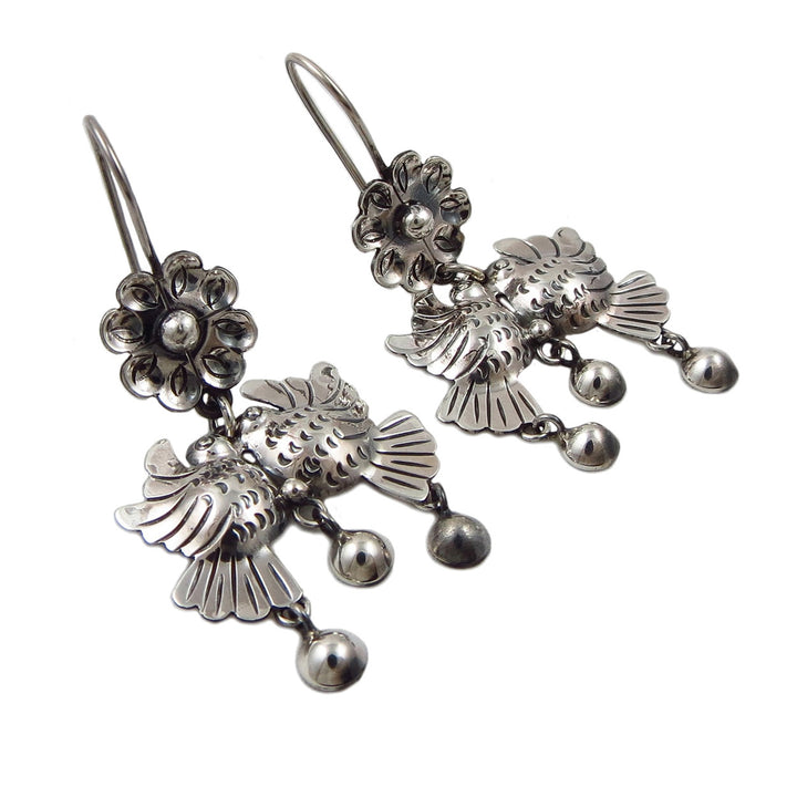 Lovebirds 925 Sterling Taxco Silver Bird and Flower Earrings