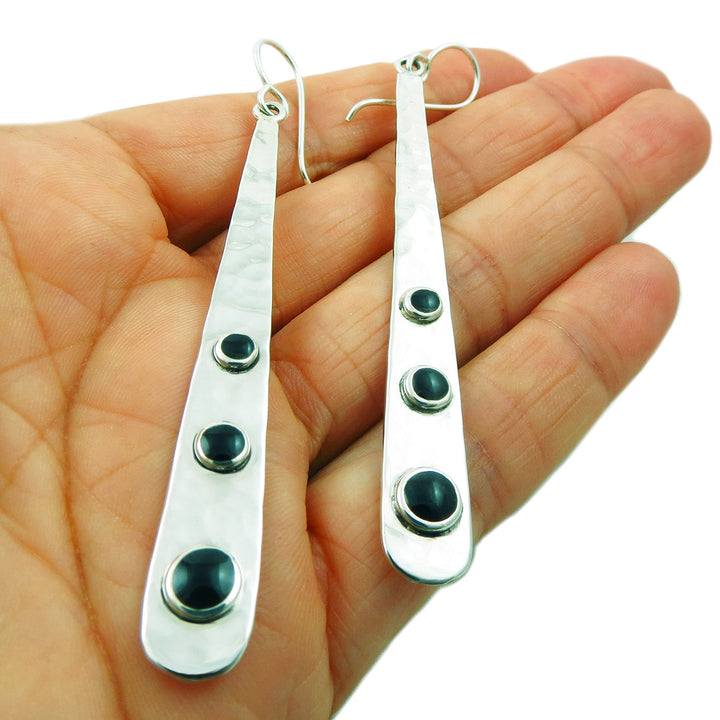 Long Hammered 925 Sterling Silver and Onyx Dangle Earrings