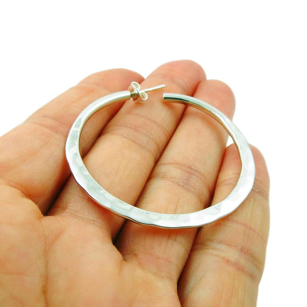 Hammered 925 Silver Circle Hoop Earrings for Women