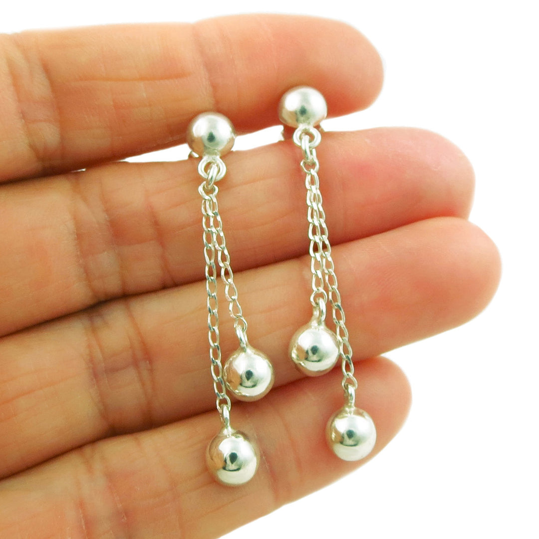Ball Bead and Chain 925 Sterling Silver Earrings