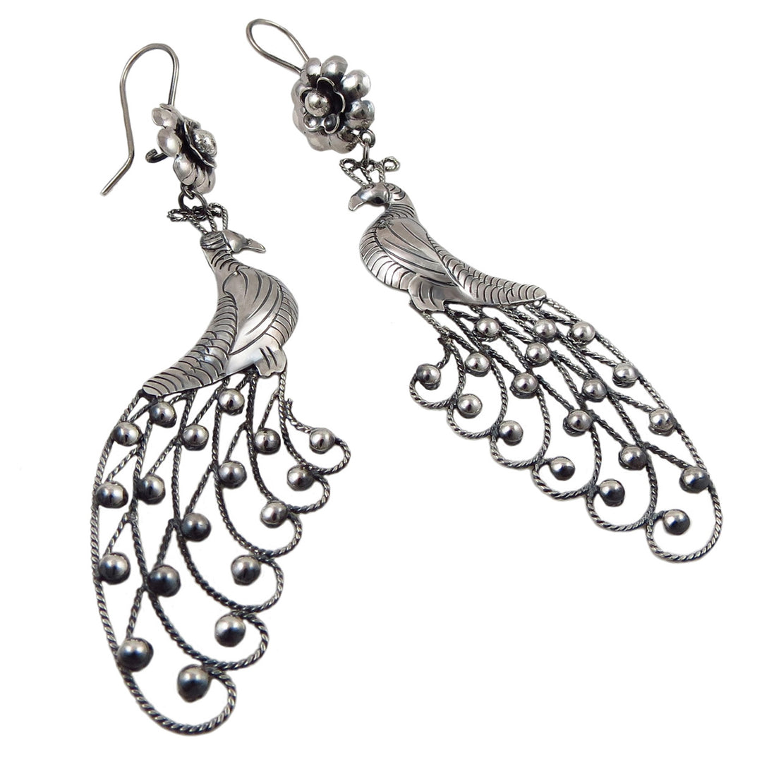 Large Peacock Bird Sterling Silver Chandelier Earrings