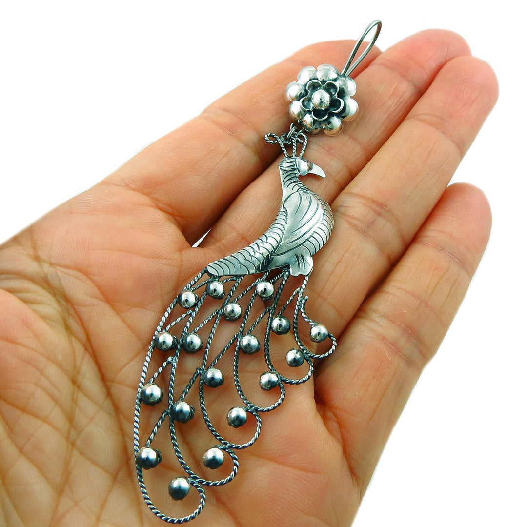 Large Peacock Bird Sterling Silver Chandelier Earrings