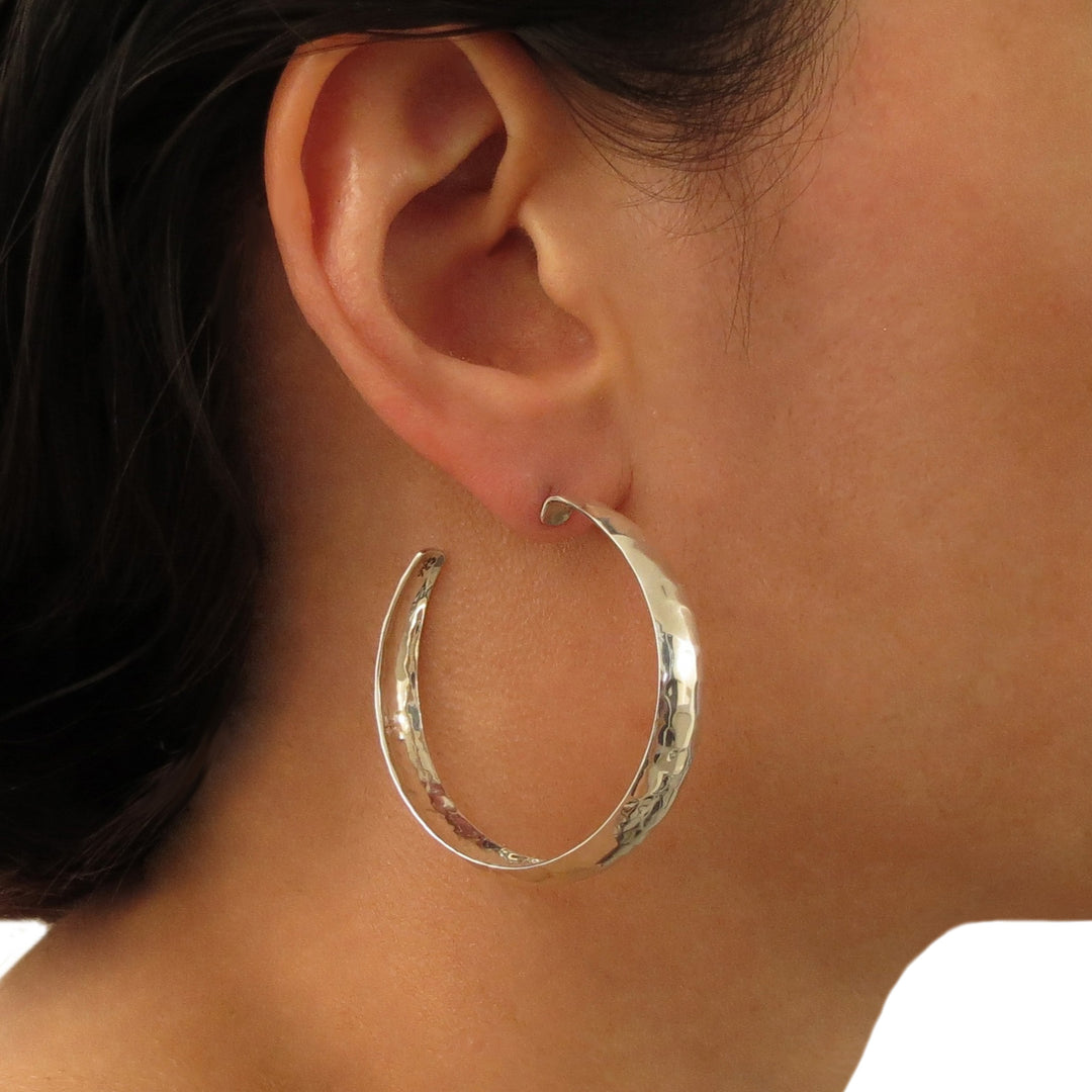 Large Hammered Circle Hoop 925 Sterling Silver Earrings