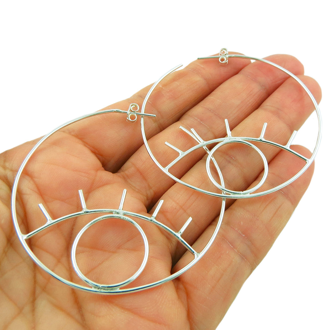 Large Handmade 925 Sterling Silver Circle Evil Eye Hoop Earrings