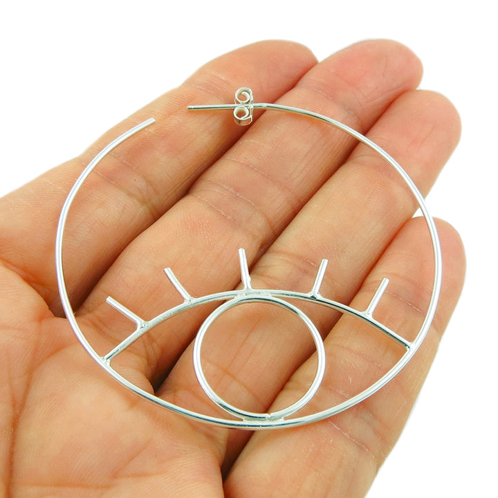Large Handmade 925 Sterling Silver Circle Evil Eye Hoop Earrings