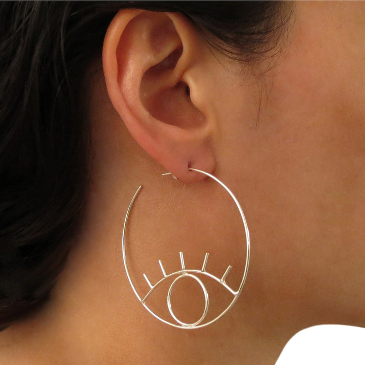 Large Handmade 925 Sterling Silver Circle Evil Eye Hoop Earrings