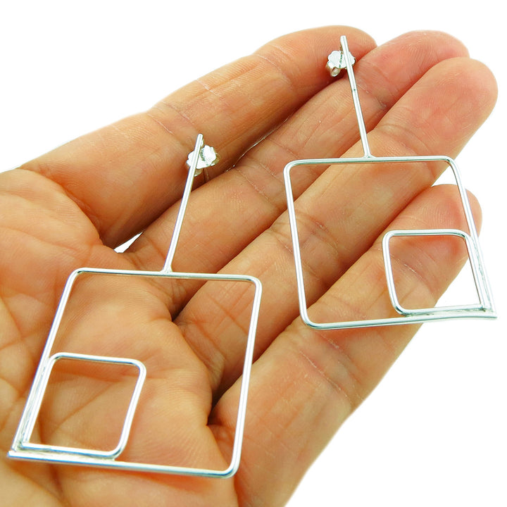 Long Abstract 925 Sterling Silver Square Drop Earrings