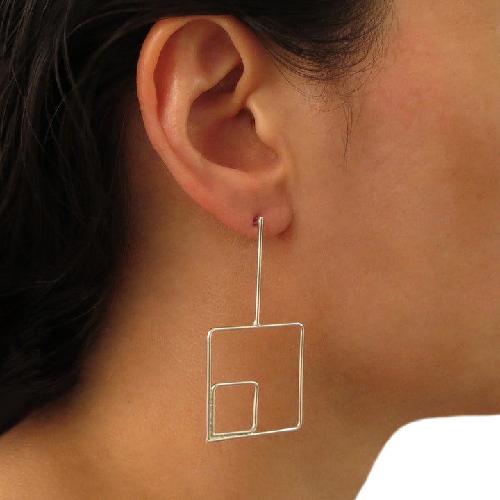 Long Abstract 925 Sterling Silver Square Drop Earrings