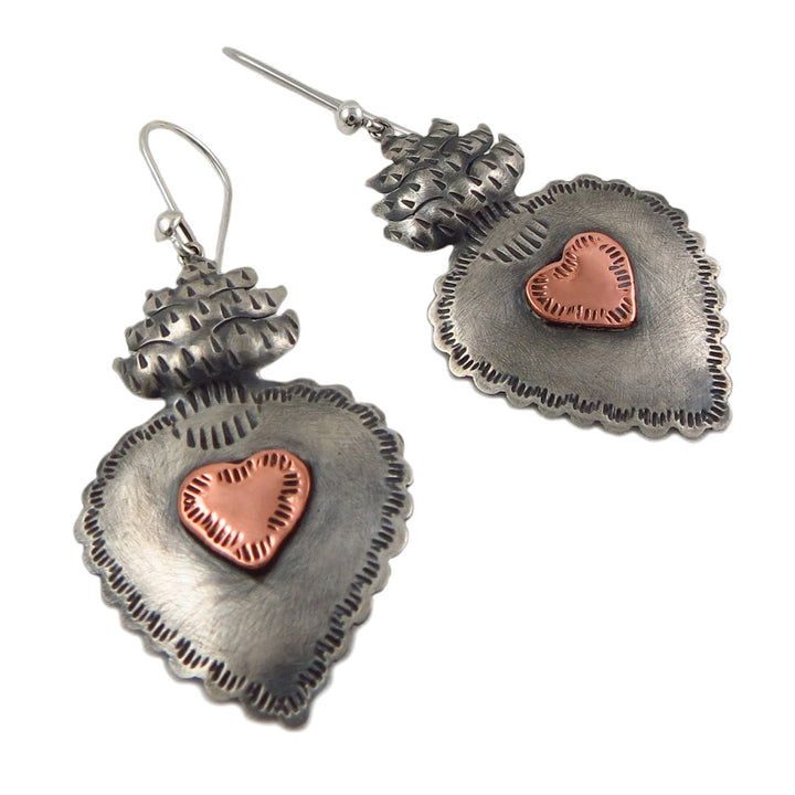Maria Belen Taxco Handmade 925 Sterling Silver and Copper Heart Earrings