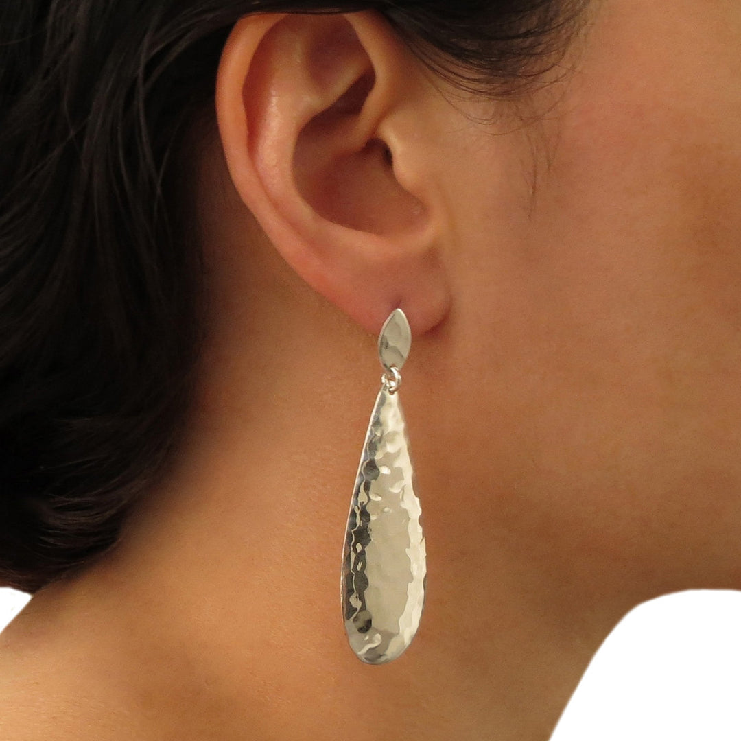 Long Textured Handmade 925 Sterling Silver Drop Earrings