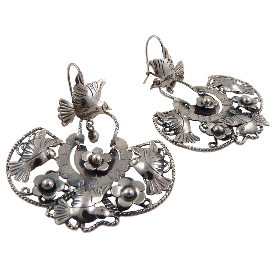 Lovebirds and Flowers 925 Sterling Silver Taxco Chandelier Earrings