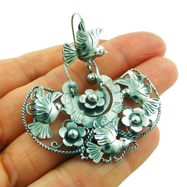 Lovebirds and Flowers 925 Sterling Silver Taxco Chandelier Earrings