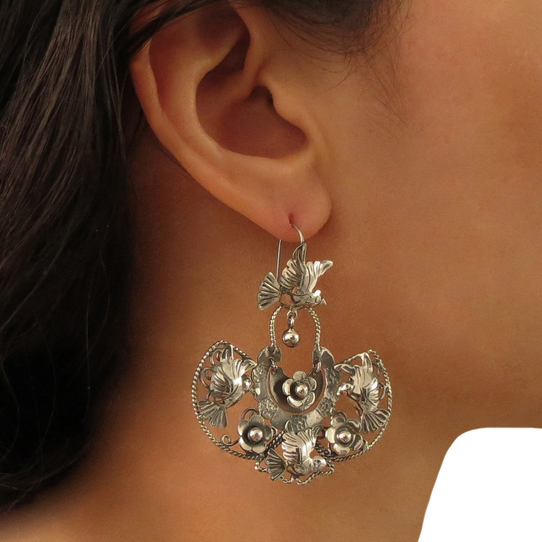 Lovebirds and Flowers 925 Sterling Silver Taxco Chandelier Earrings