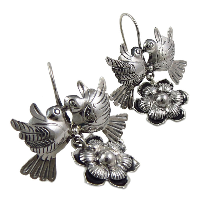 Lovebird 925 Sterling Silver Bird and Flower Mexican Taxco Drop Earrings