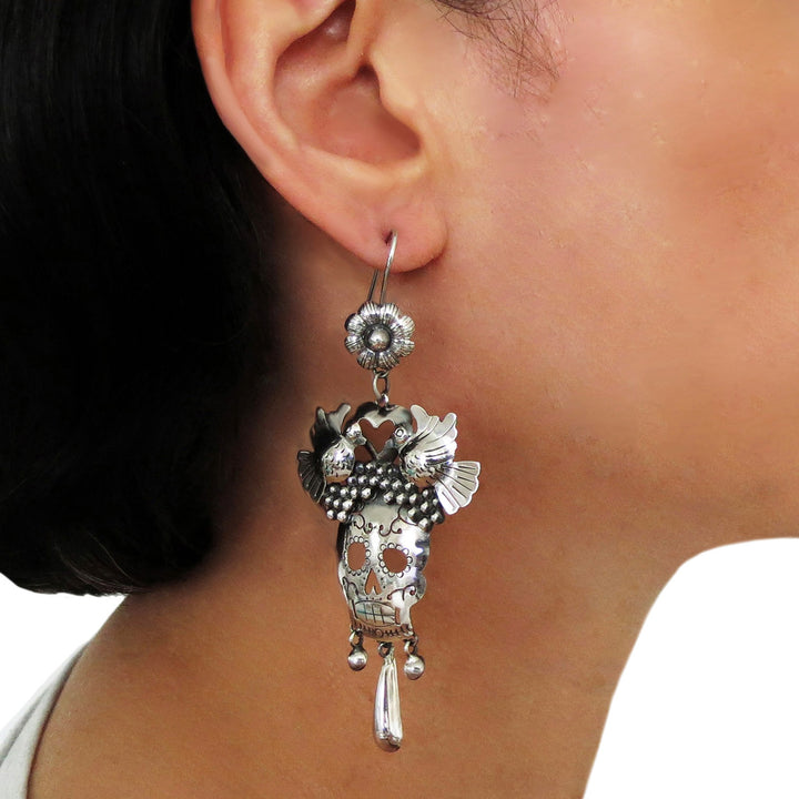 Mexican Day of the Dead Lovebirds and Skull 925 Sterling Silver Earrings