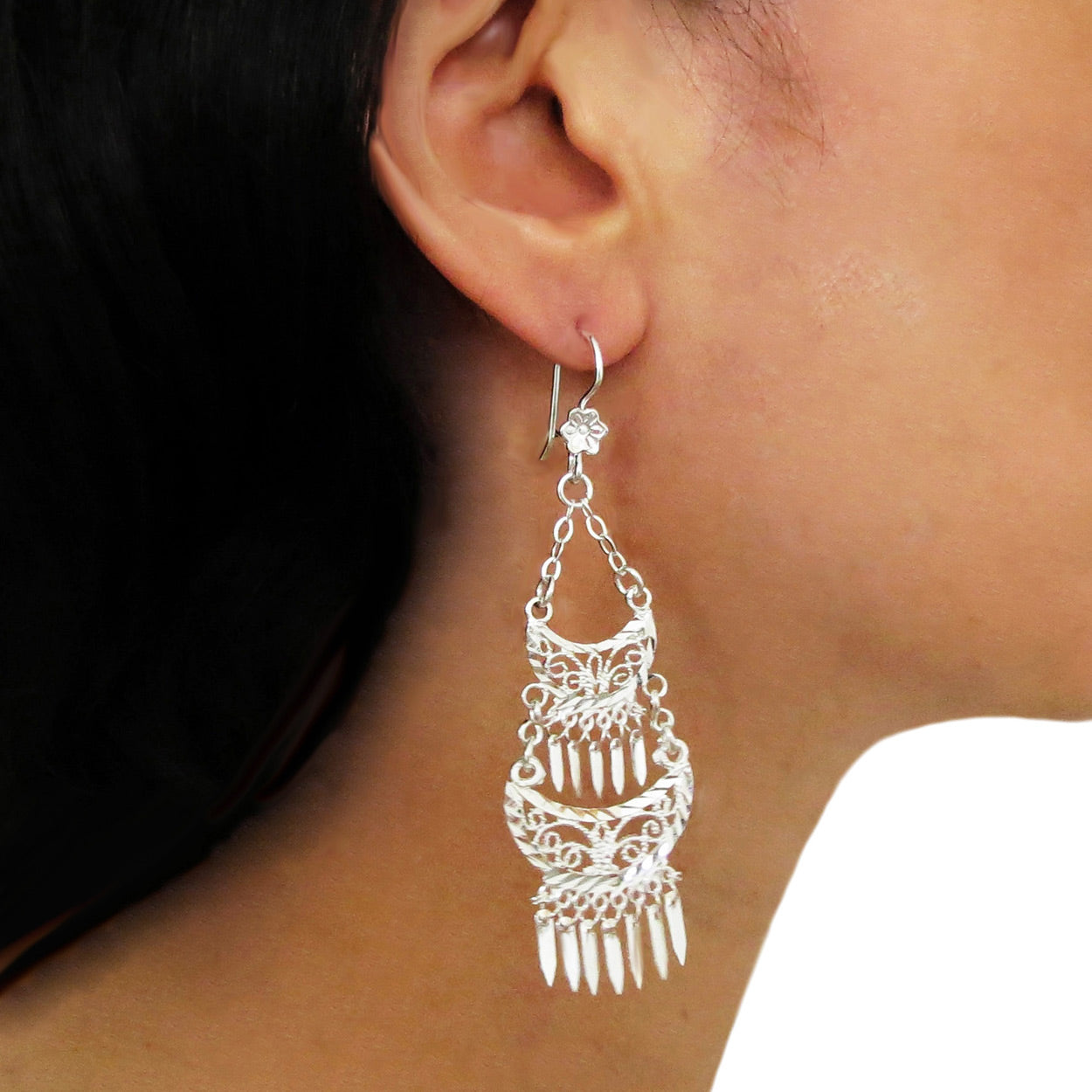 Long Chandelier 925 Sterling Silver Filigree Drop Earrings The