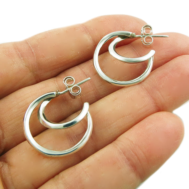 Small Double Drop 925 Sterling Silver Half Hoop Earrings