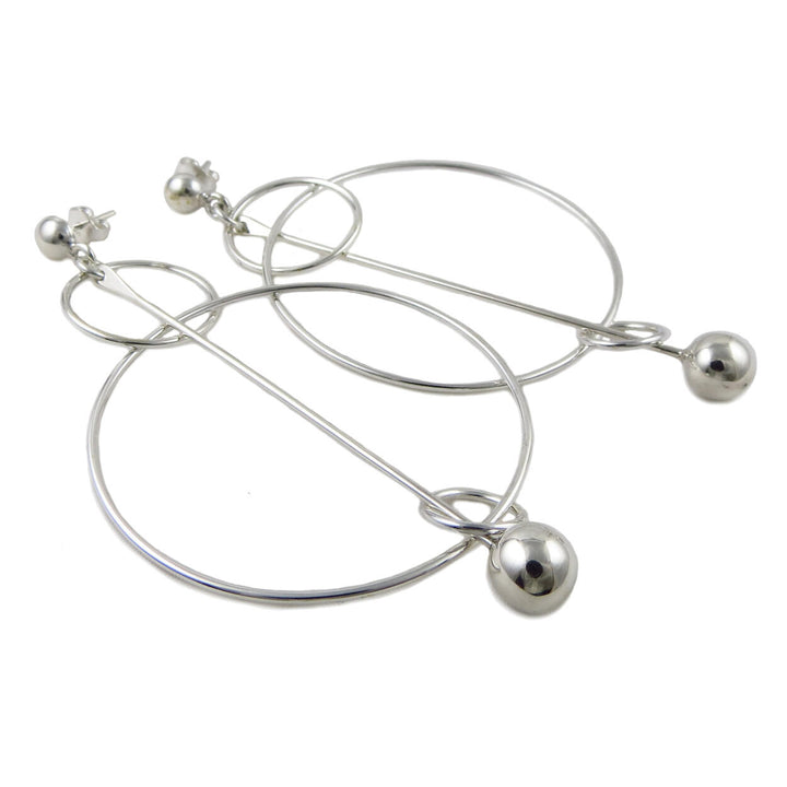 Long 925 Sterling Silver Double Hoop Ball Bead Earrings