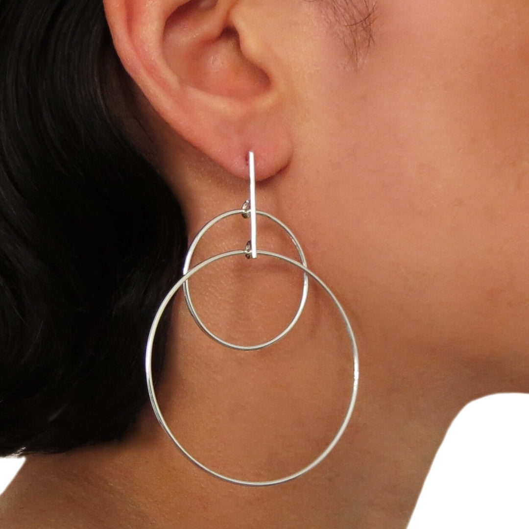 Double Circle and Bar 925 Sterling Silver Hoop Earrings