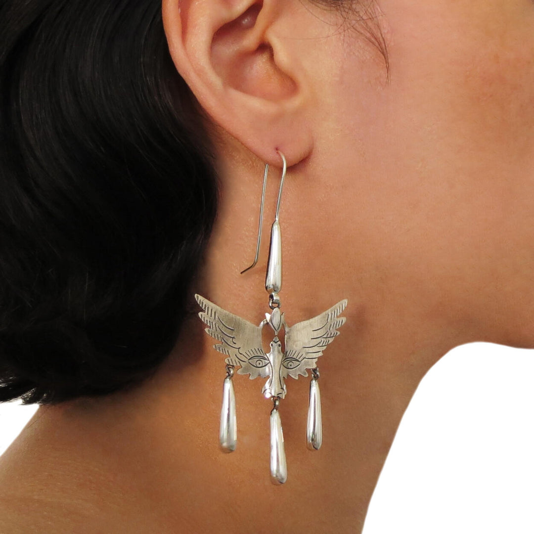 Surreal Maria Belen 925 Sterling Silver Winged Bird Face Earrings